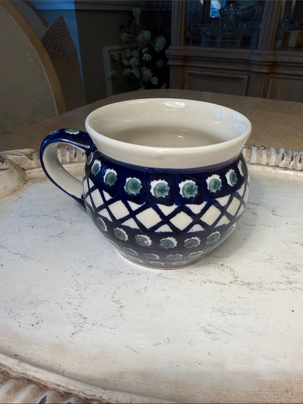 Bowleslawiec Emerald Peacock Lattice Polish Pottery Bubble Mug